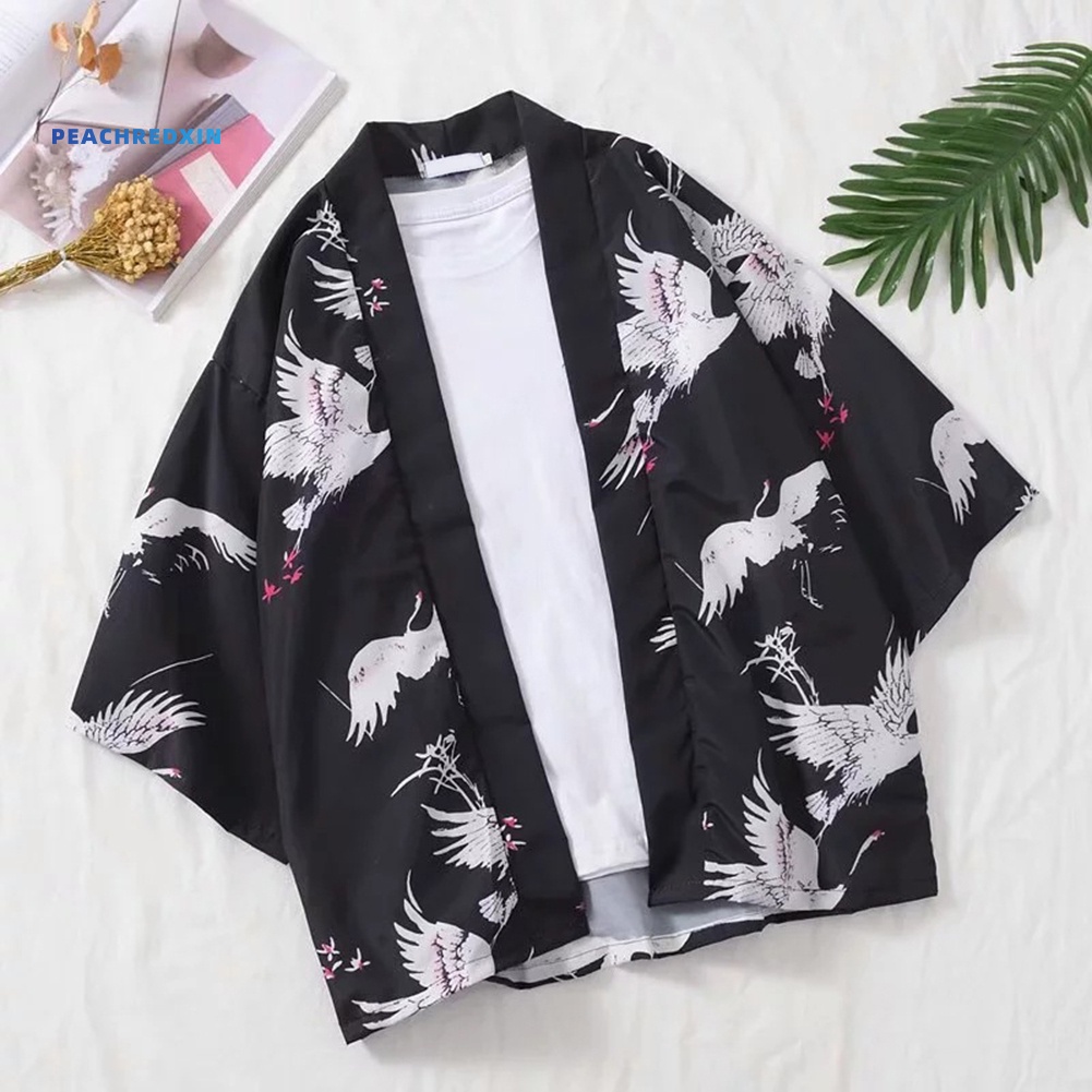 Áo khoác kimono tay 3/4 in hình chim hạc bay cá tính cho nam