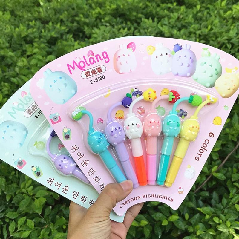 Bộ 6 Bút Dạ Quang Mini Hình Thỏ Hoạt Hình Đáng Yêu