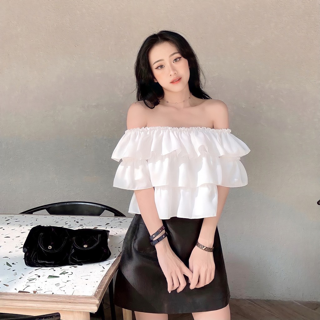 Áo trễ vai croptop 3 tầng đũi chống nhăn co dãn trắng tingoan BOY BYE OFF/WH