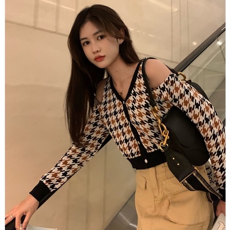 Áo Cardigan Dệt Kim Tay Dài Hở Vai Thiết Kế Mới 2021 Dành Cho Nữ