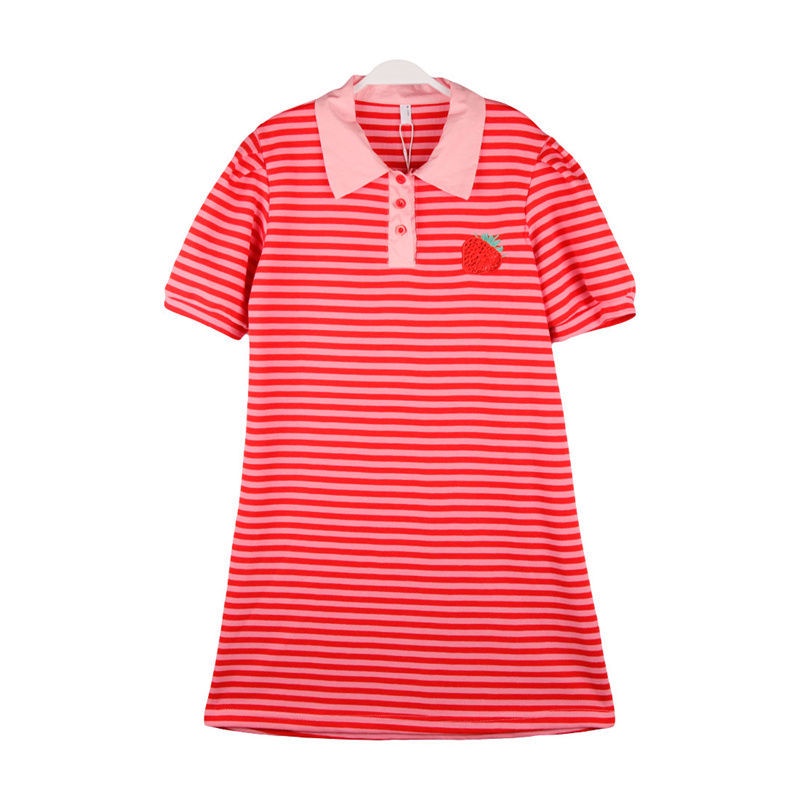 Đầm polo Tay Ngắn Họa Tiết Kẻ Sọc Thêu Hình Quả Dâu Thời Trang Mùa Hè Mới Cho Nữ