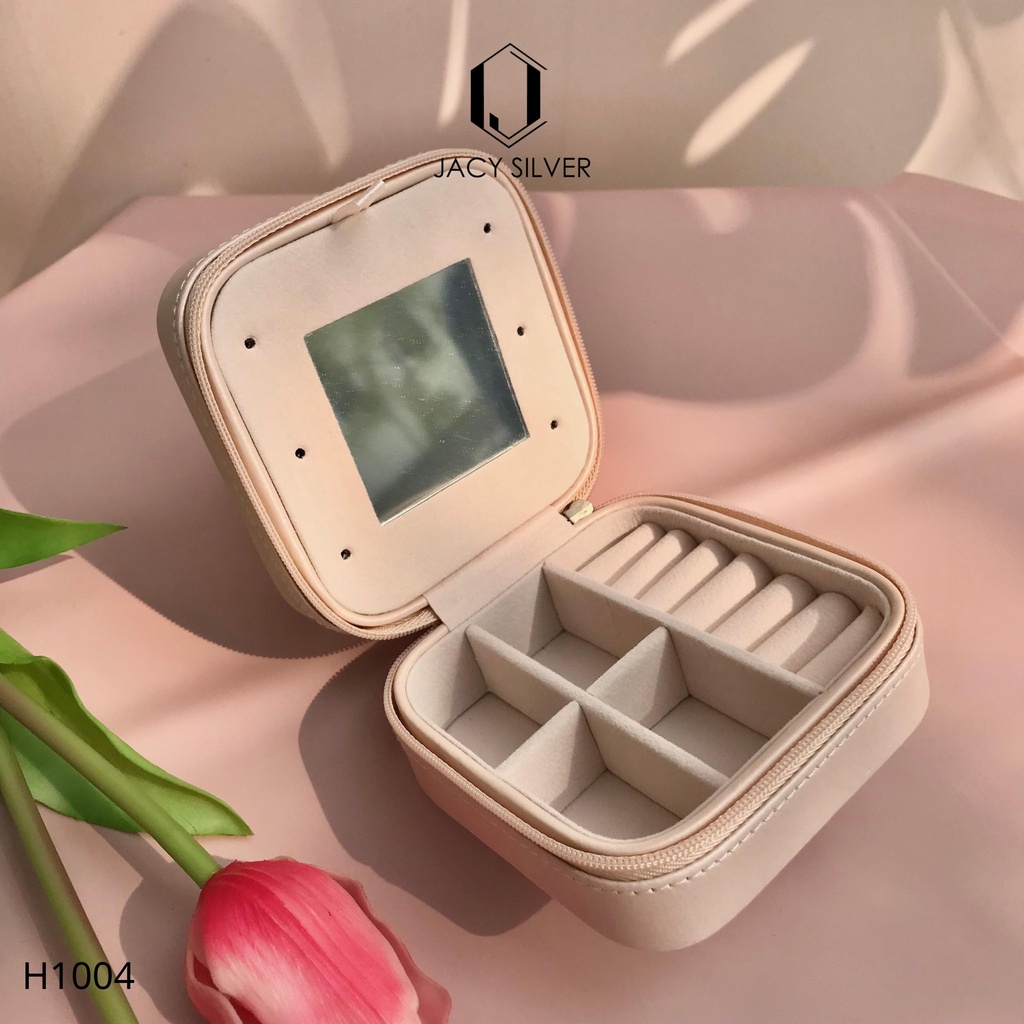 Hộp da mini đựng trang sức kèm gương có khóa kéo tiện lợi H1004