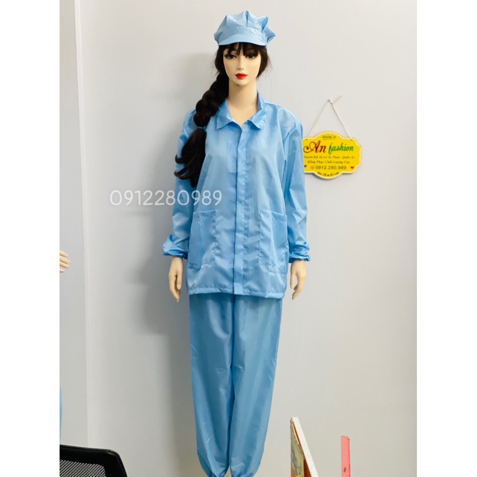 [Áo+Quần+Nón] Đồng phục phòng sạch màu xanh vải chống tĩnh điện tay dài cổ bẻ dây kéo _ Hình chụp thật