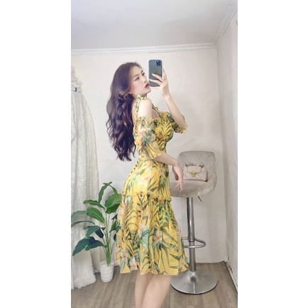 Váy voan tơ hoa dây vai buộc nơ tay đính nách ngực nhúm tiểu thư.