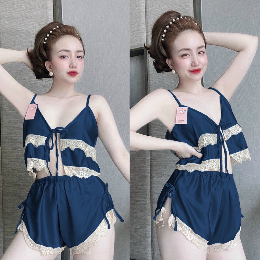 Đồ bộ đùi ngủ sexy hai dây xẻ ngực phối ren satin cao cấp