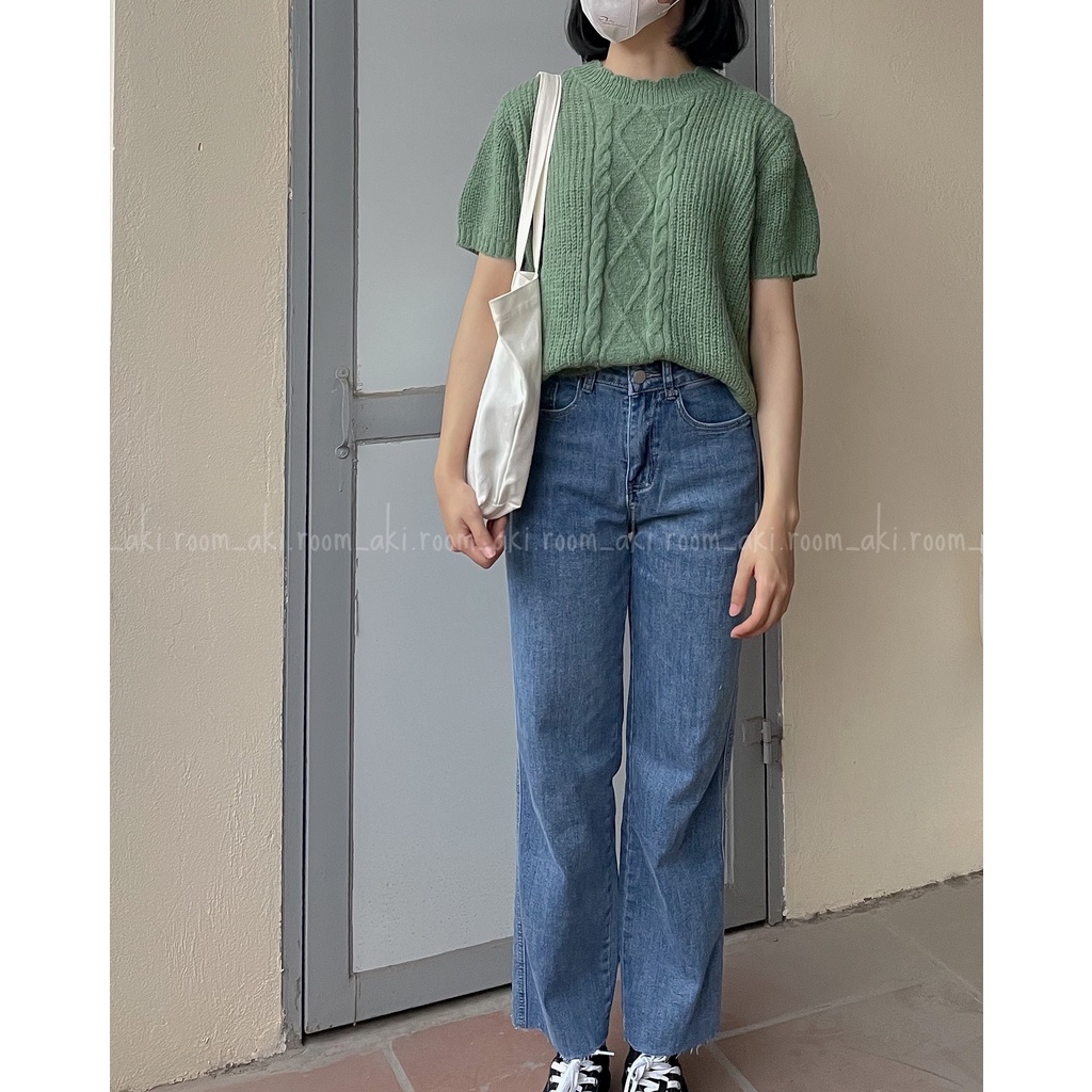 Áo len lông thừng mỏng cộc tay cổ tròn viền sóng