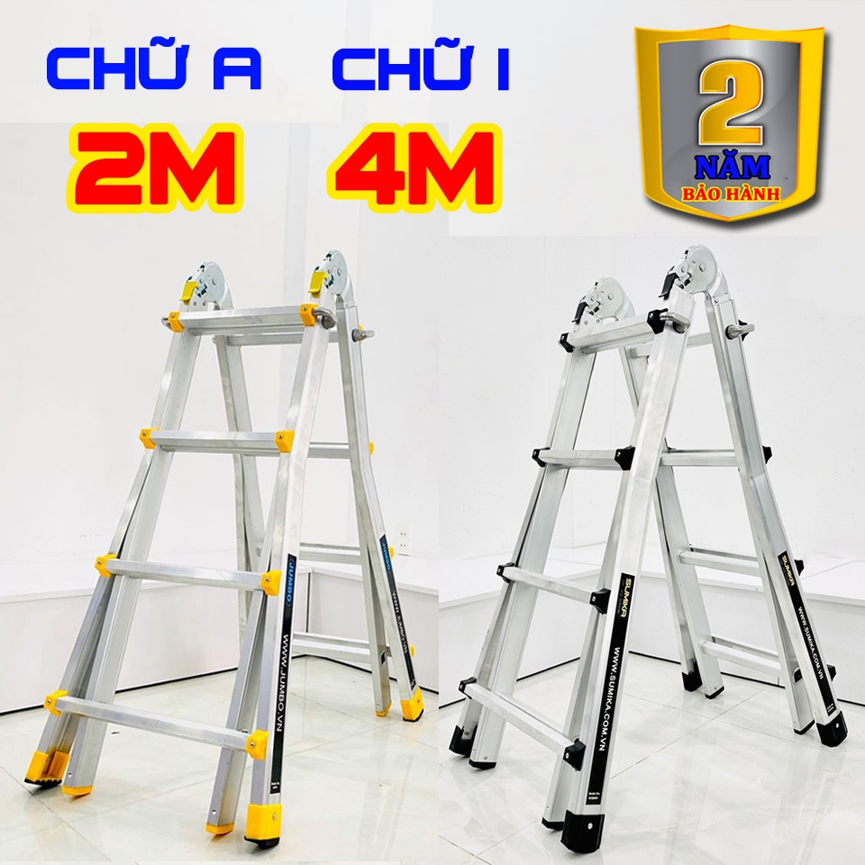 Thang nhôm gấp trượt chữ A mở rộng Jumbo A404 &amp; Sumika SKM404 tải trọng 300kg bảo hành 2 năm, thang sửa chữa điện lạnh