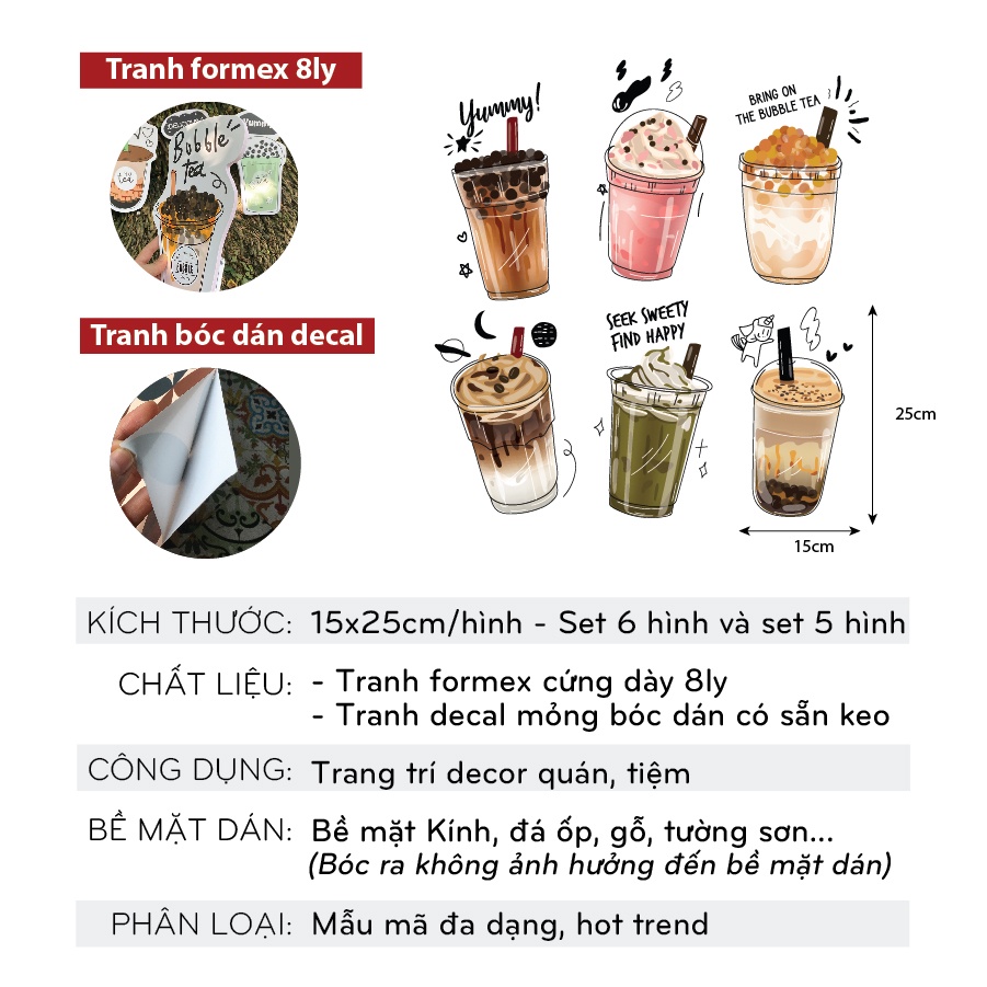 BỘ TRANH 3D Trà sữa trang trí quán - Set 5 tranh 2001