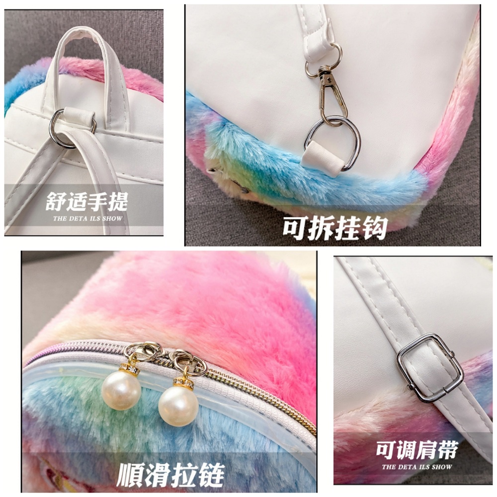 Ba lô lông nhung hình kỳ lân tai thỏ dễ thương cho bé gái