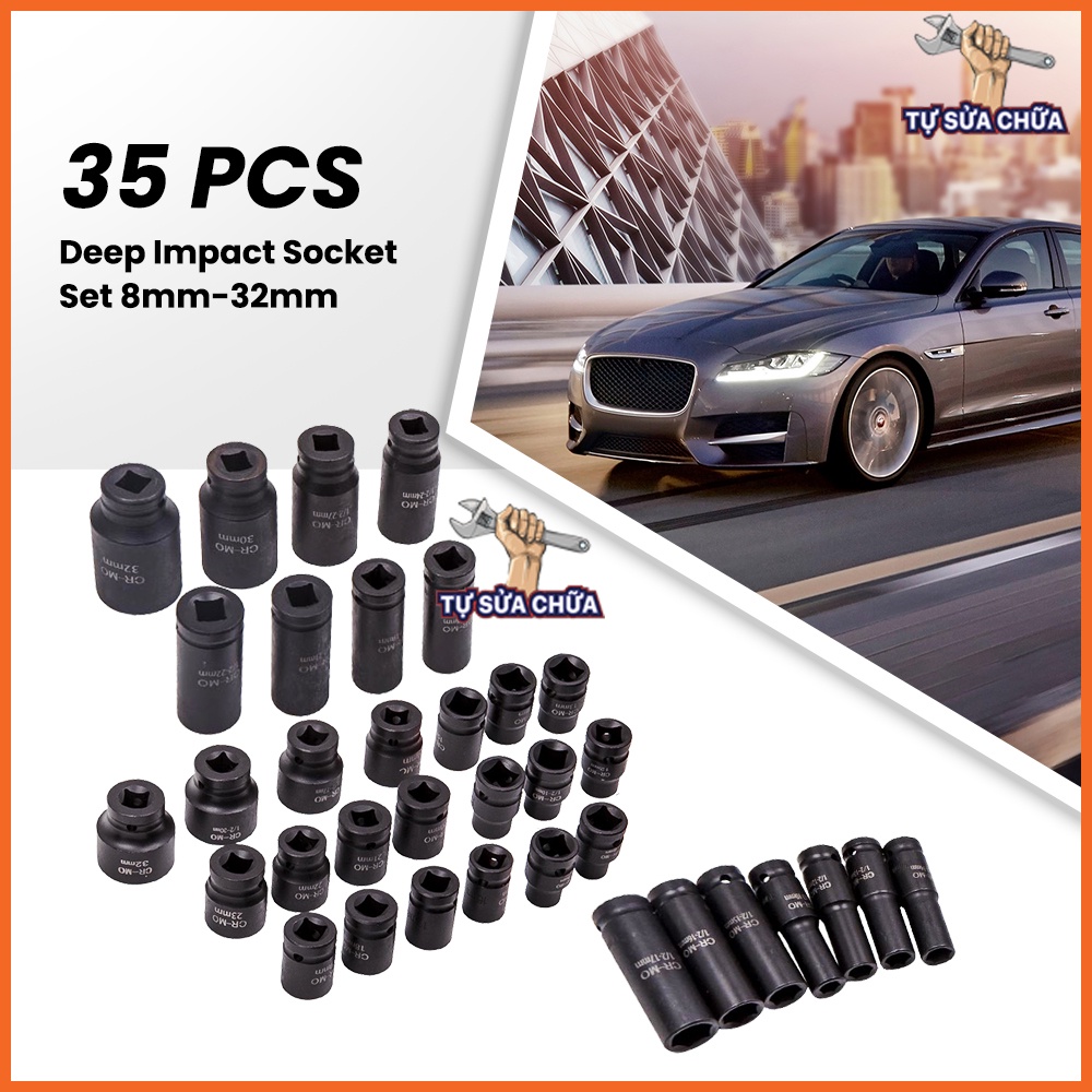Bộ tuýp khẩu đen 1/2 inch thép CR-Mo 35 chi tiết đủ size kèm hộp sắt cao cấp