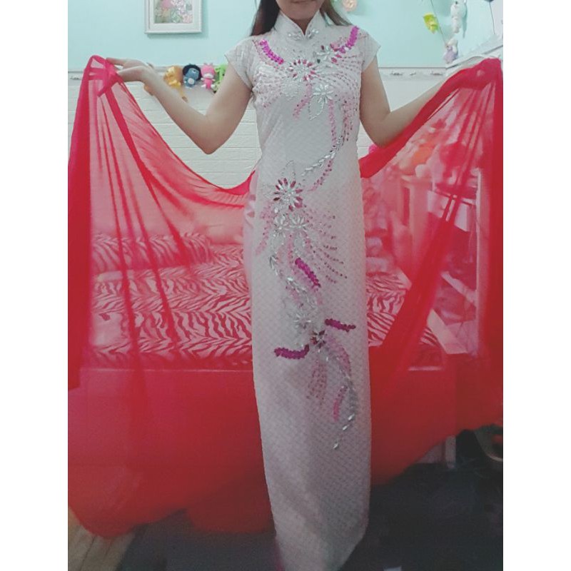 Thanh lý bộ áo dài ren voan ket hoa eo &lt;70cm