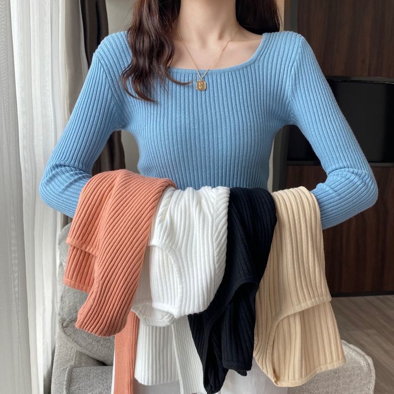 COZOK Áo Sweater Dệt Kim Tay Dài Cổ Vuông Màu Sắc Thanh Lịch