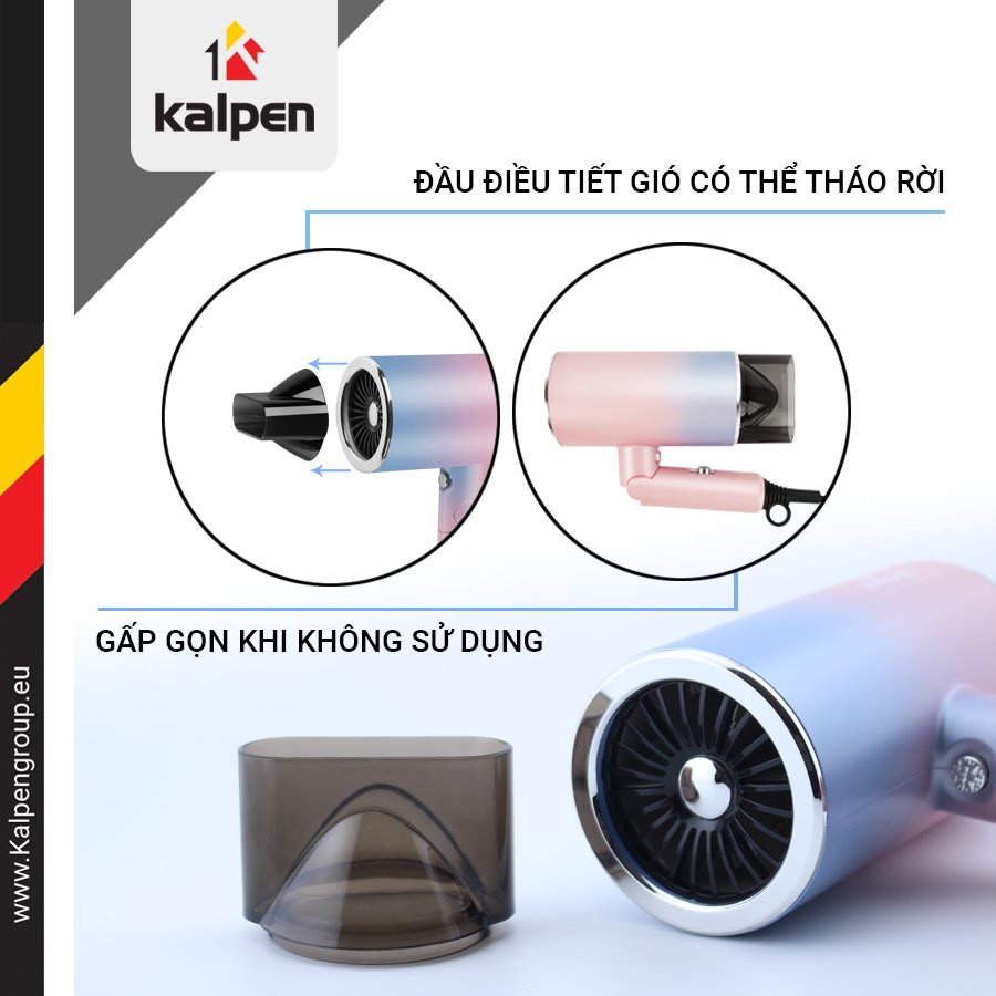 Máy sấy tóc công suất lớn tạo kiểu Kalpen với 3 chế độ sấy thông minh, công suất 1800w