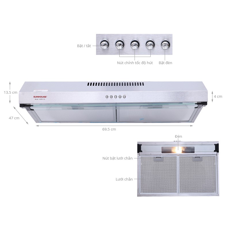 Máy hút mùi vỏ inox SUNHOUSE SHB6118I