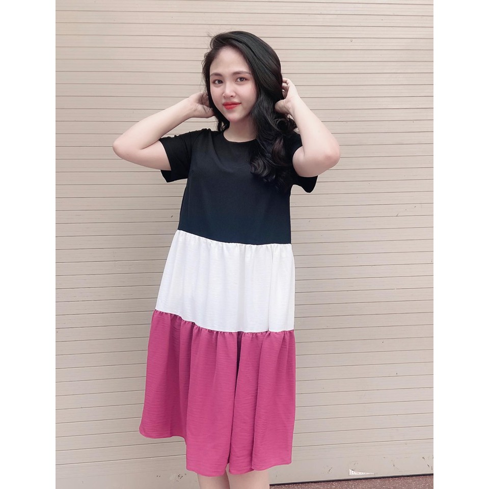 Váy bầu bigsize thiết kế GuMe dáng babydoll 3 Tầng Phối 3 Màu chất vải sạn lụa cao cấp 40-100kg mặc ở nhà đi chơi MB151