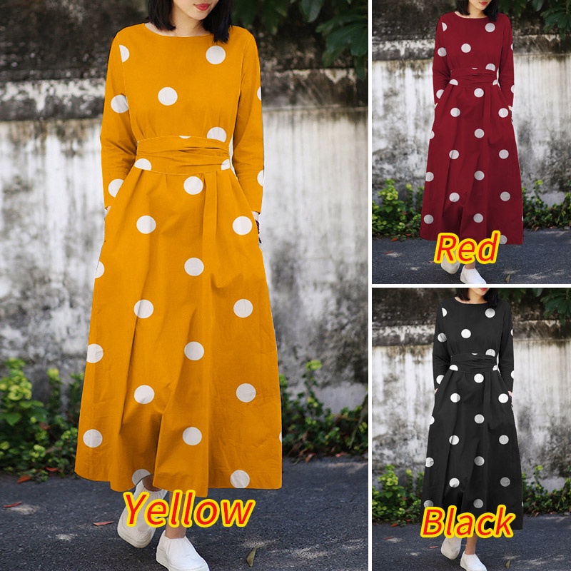 Đầm maxi ZANZEA dài tay họa tiết chấm bi thanh lịch thời trang cho nữ