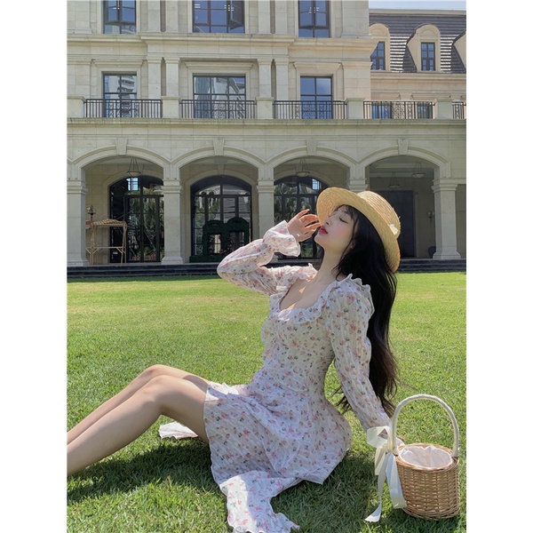 Đầm floral công chúa dài tay đuôi cá tầng bèo ngực Korea ulzzang - u.w