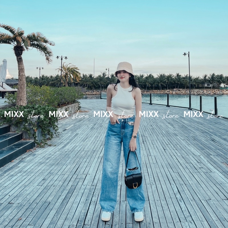Quần Jean Nữ ống suông lưng cạp cao rách 1 bên gối siêu chất trendy trẻ trung thời trang