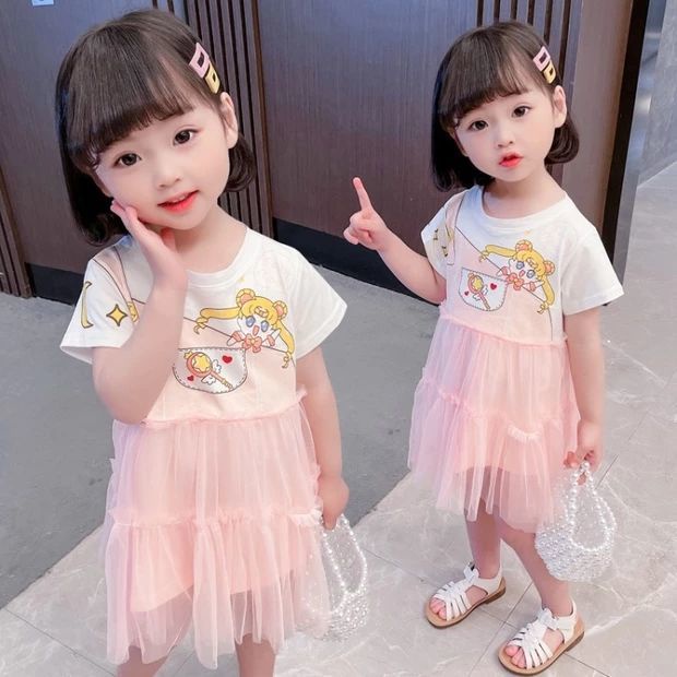 Đầm Công Chúa Tay Ngắn Phối Lưới Họa Tiết Hoạt Hình Phong Cách Hàn Quốc Cho Bé Gái