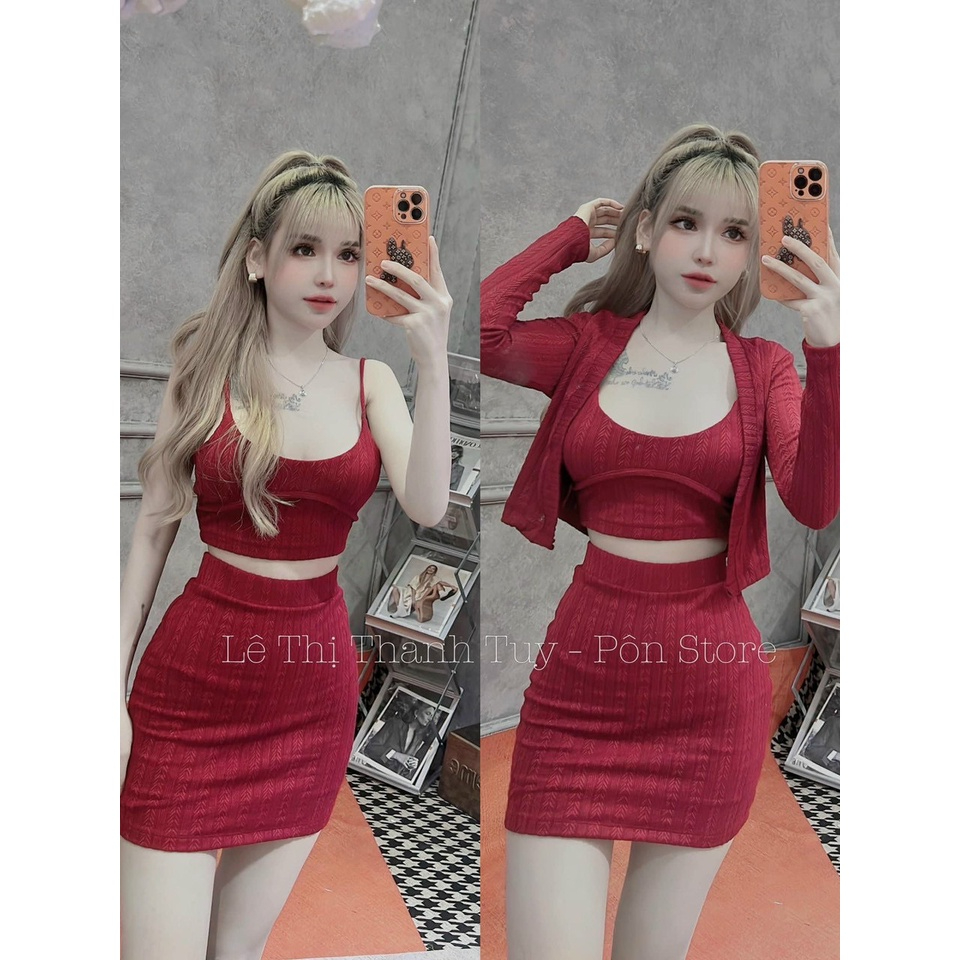 Sét váy nữ thời trang mặc đi chơi, Sét váy len ren blazer 3 món áo 2 dây mix váy borip kèm khoác tay dài xinh xắn