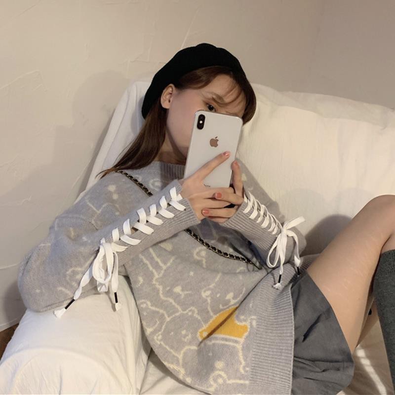 Áo Len Gấu Cổ Tay Dài Đan Dây Siêu Hot