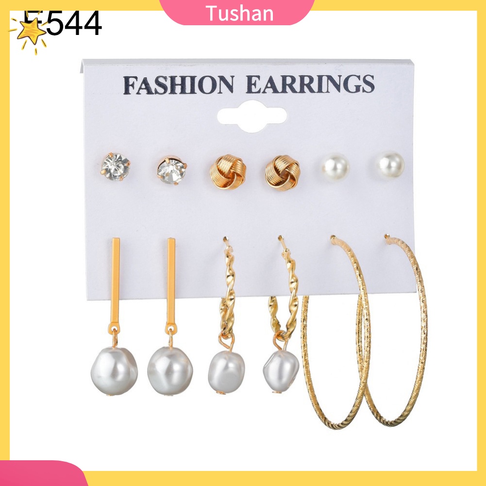 TUSH 6Pairs Women Faux Pearl Tassel Geometric Dangle Ear Studs Hoop Earrings Jewelry
