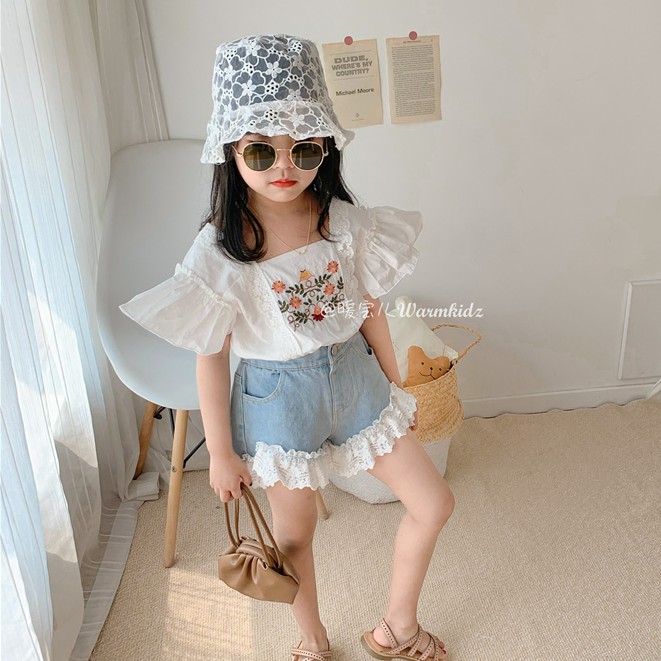 Áo Ren Ngắn Tay Thêu Hoa Cho Bé Gái