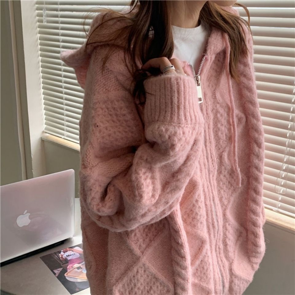 Áo Khoác cardigan Dệt Kim Dày Có Mũ Trùm Đầu Phiên Bản Hàn Quốc Dễ Phối Đồ Mùa Thu Đông