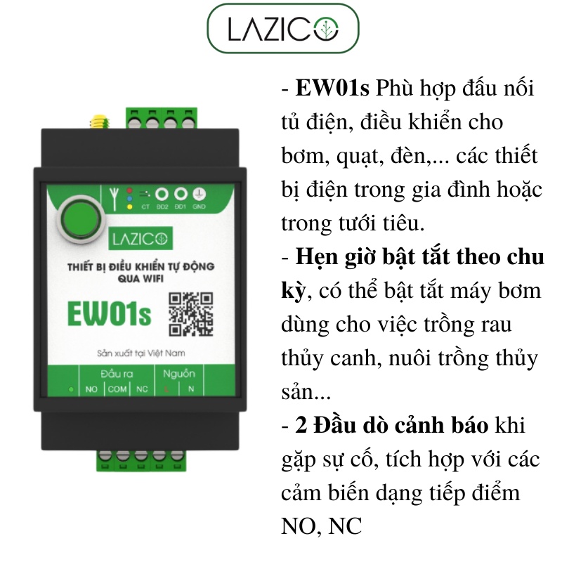 Điều khiển thiết bị qua wifi bằng điện thoại cho máy bơm có báo cạn nước, báo áp suất cao LAZICO EW01s