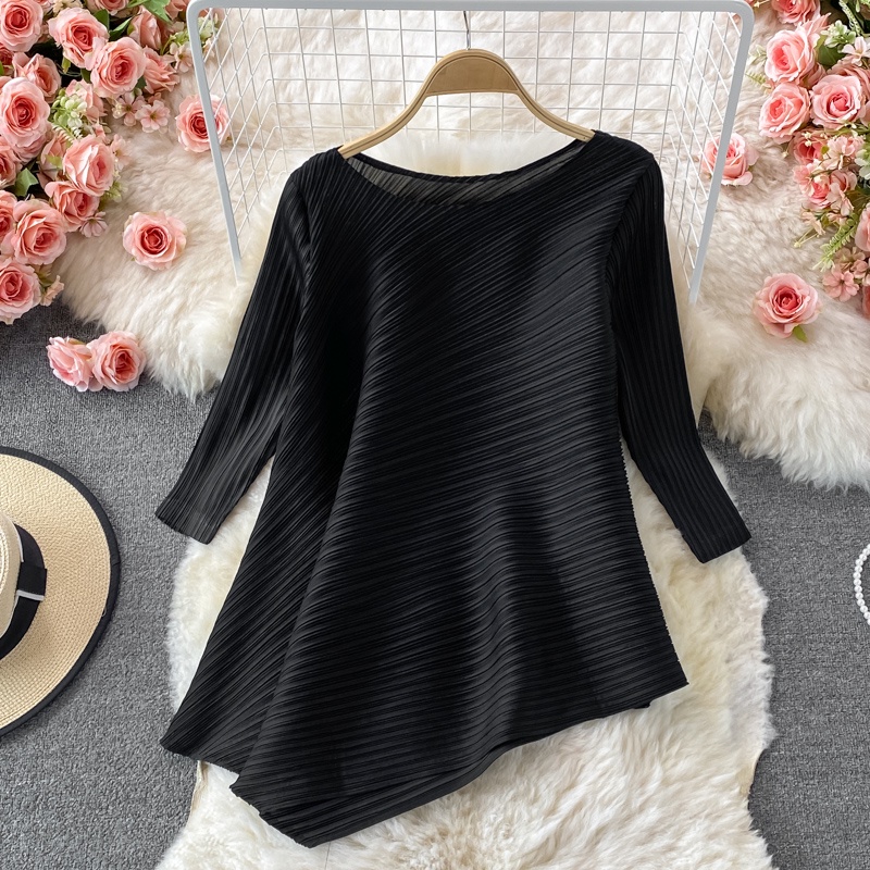 Áo sơ mi tay dài cổ tròn dáng rộng xếp ly phong cách Hàn Quốc cho nữ