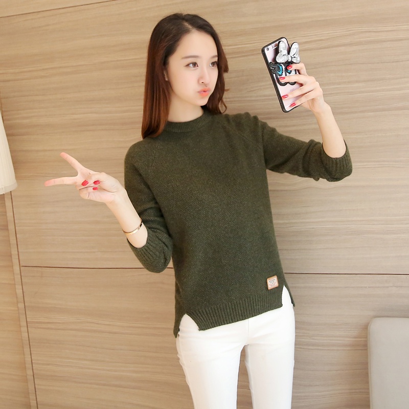 Áo len nữ dài tay cổ tròn ôm xát, thiết kế xẻ tà bên hông