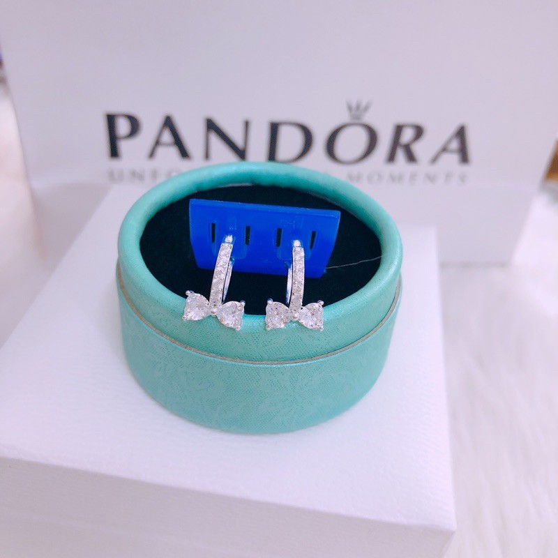 Bông tai bạc nữ dạng khoen tròn bấm hình nơ gắn đá nhỏ - Bạc Bibi