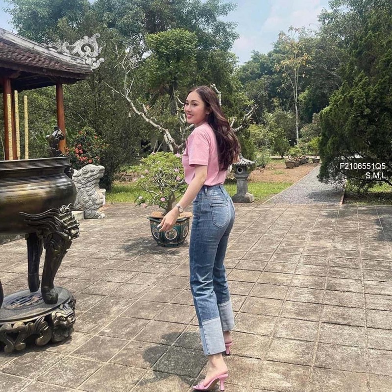 Quần jean dài suông đứng lật lai lưng cao 0623 thaotranshop90