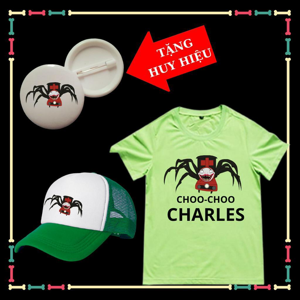 Áo thun bé trai, bé gái mẫu Choo-Choo Charles siêu ngầu, vải thun mềm mịn co giãn 4 chiều-Kèm Mũ lưỡi trai-Kèm Huy hiệu