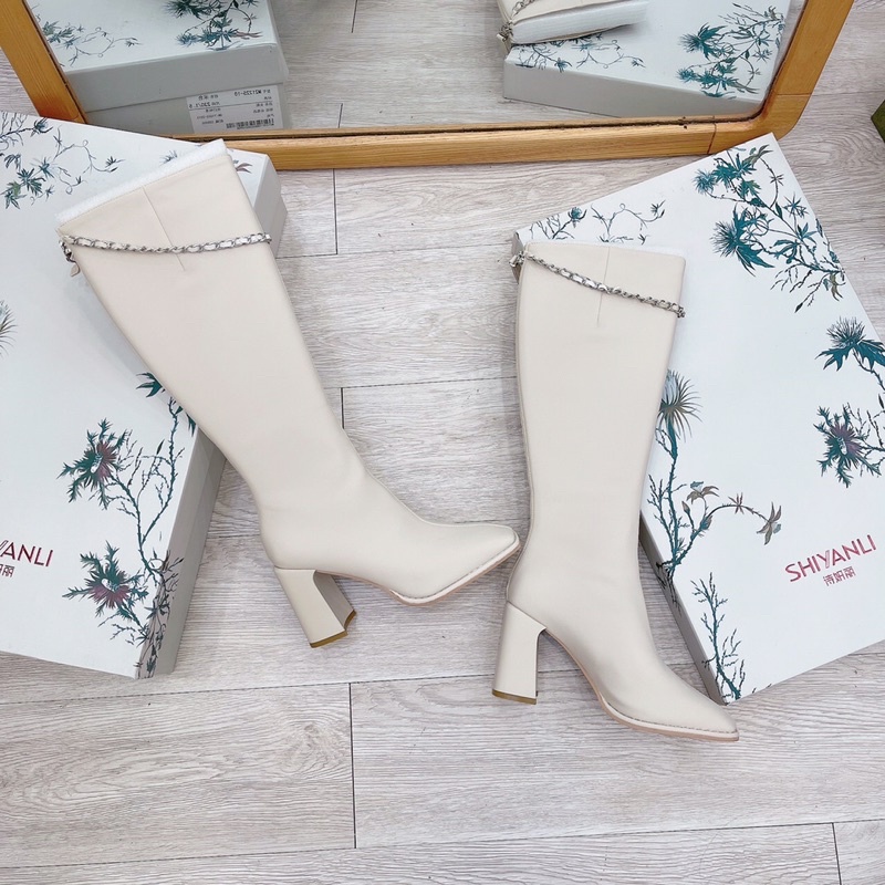 Bốt nữ boots đùi chất da mịn lì mềm xịn dây xích gót vuông trụ cao 9p fullbox có hộp xịn