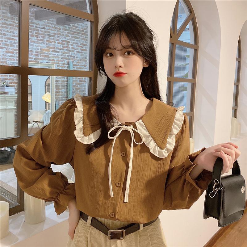 Áo sơ mi tay dài cổ búp bê phong cách retro thời trang Pháp