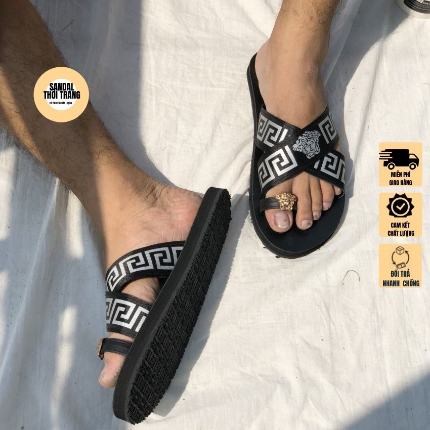 Dép sandal xỏ ngón quai chéo nam nữ, Dép sỏ ngón [ẢNH THẬT 100%] đế đen, da Pu cao cấp full size 30-44 SANDALTHOITRANG