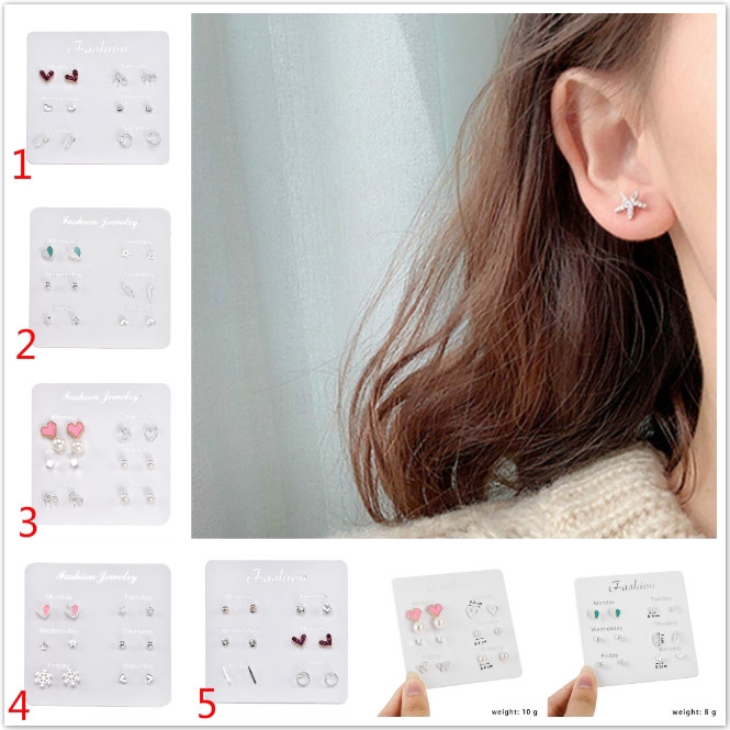 Cod Qipin Set 6 đôi khuyên tai đính đá thời trang cho nữ