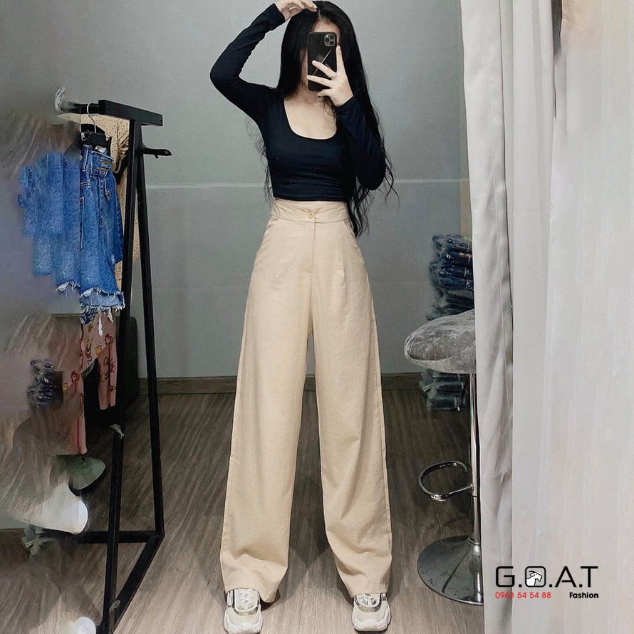 Quần đũi ống rộng nữ lưng cao khóa thật lưng chun - Màu Đen Trắng và Kem - Ống dài 100cm lên dáng suông đứng cực xinh | BigBuy360 - bigbuy360.vn