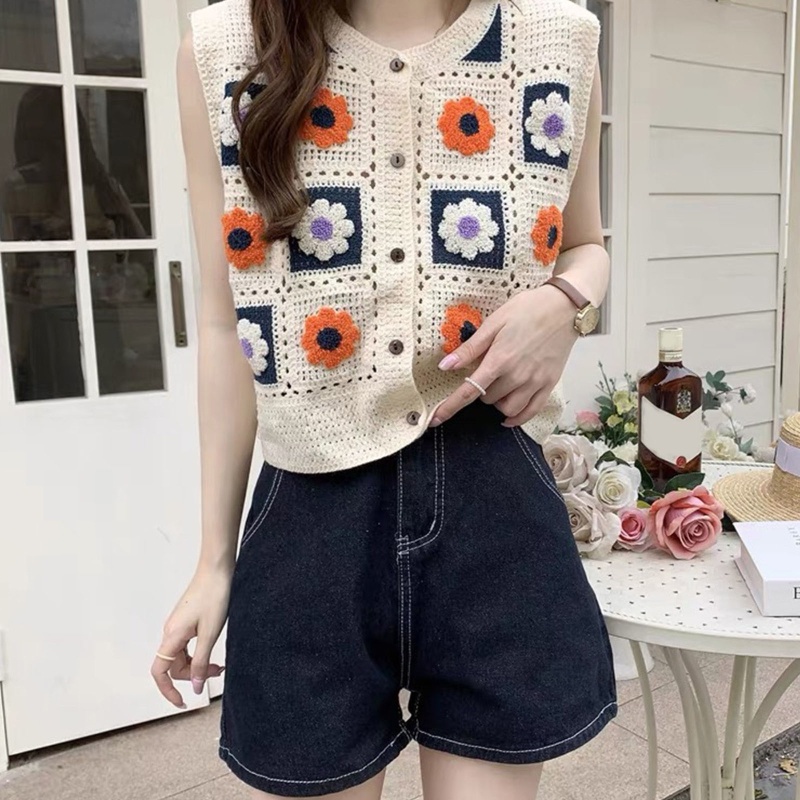 Áo Croptop Cổ Chữ V Thêu Họa Tiết Phong Cách Retro Dành Cho Nữ