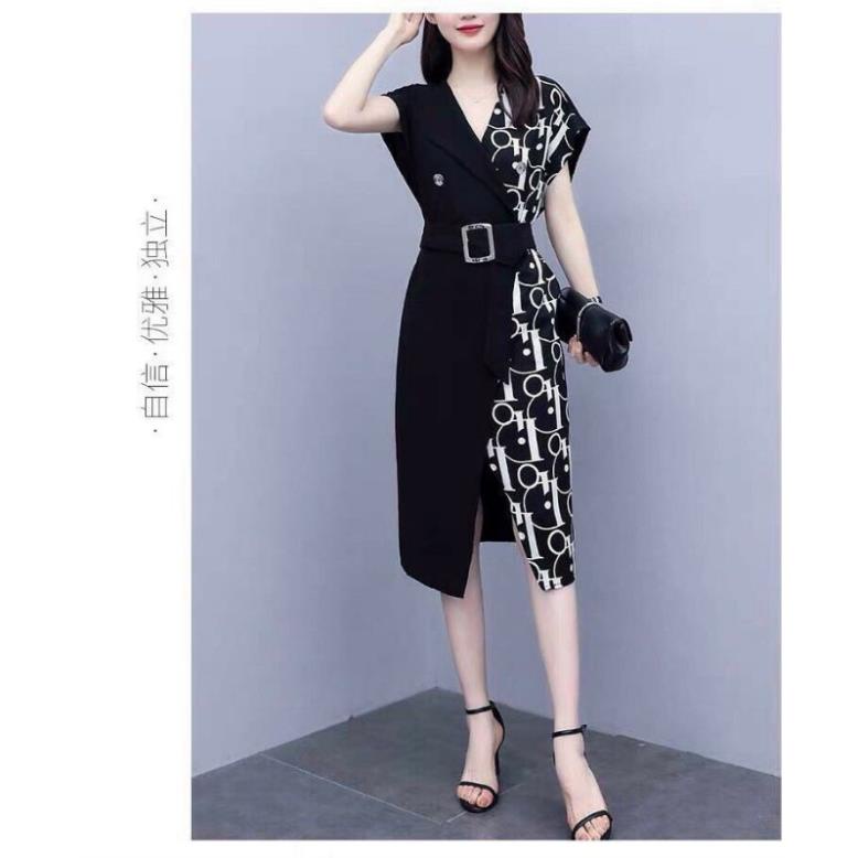 Hàng nhập - Đầm vest ôm lụa in chữ, váy ôm body công sở