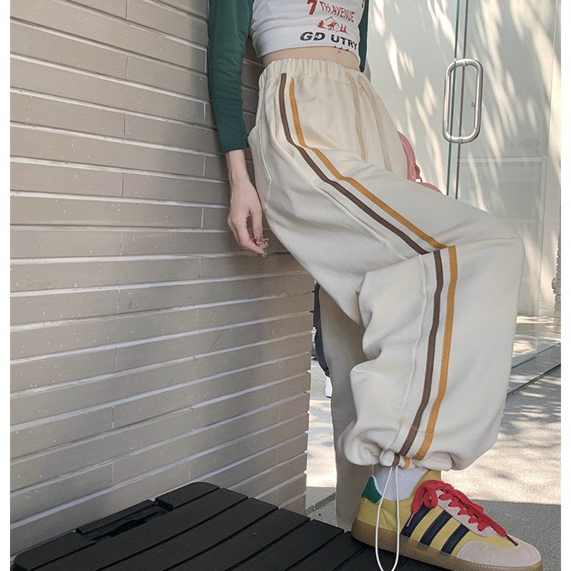 Quần Thể Thao Lưng Cao Ống Rộng Họa Tiết Kẻ Sọc Hợp Thời Trang