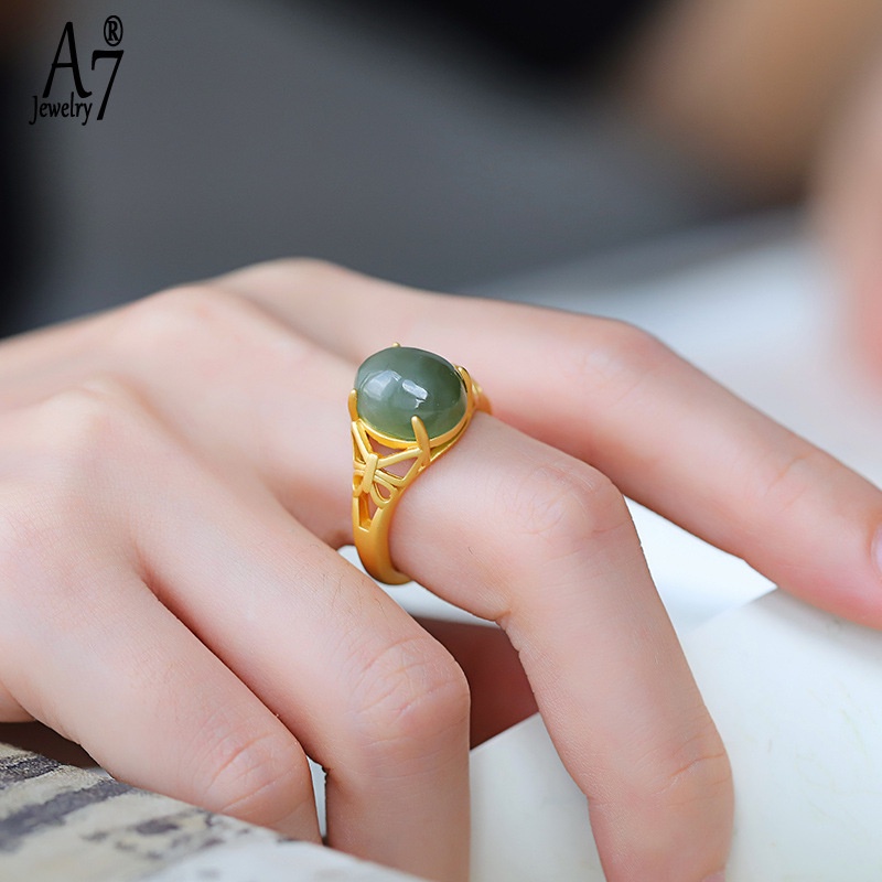 Nhẫn Hình Bướm Đính Đá Ngọc Bích Màu Xám Vàng 18K A7Jade