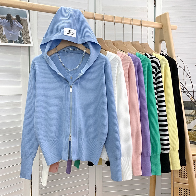 Áo khoác len dây kéo có mũ trùm đầu