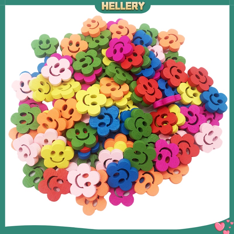 Set 100 Nút Gỗ 2 Lỗ 20mm Hình Bông Hoa / Mặt Cười Dễ Thương Dùng Trang Trí DIY