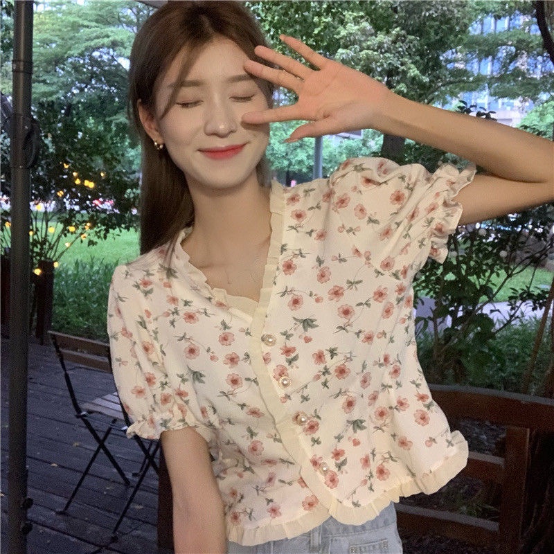 Áo Sơ Mi Tay Ngắn Cổ Chữ V In Họa Tiết Hoa Thời Trang Mùa Hè Cho Nữ