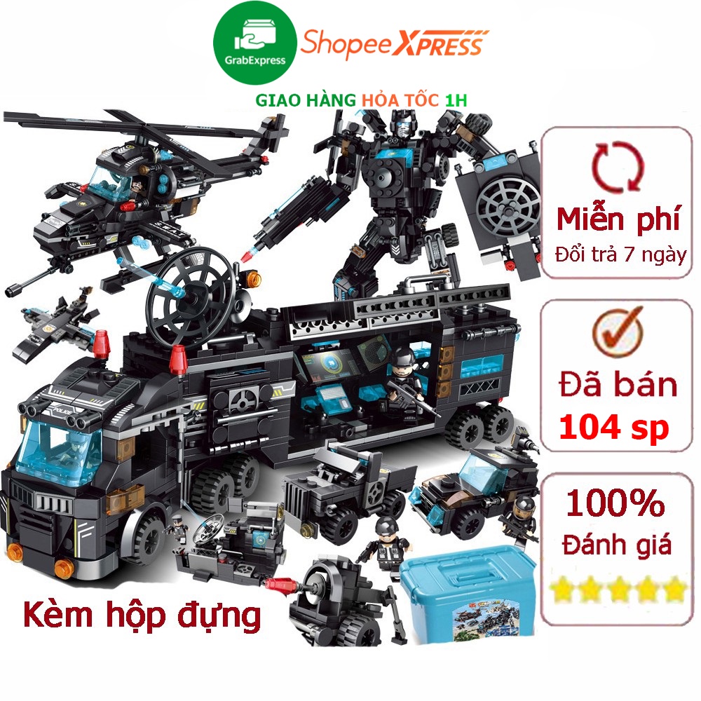 Bộ đồ chơi xếp hình cảnh sát với hơn 820 chi tiết với robot, máy bay, xe cảnh sát... kèm hộp đựng