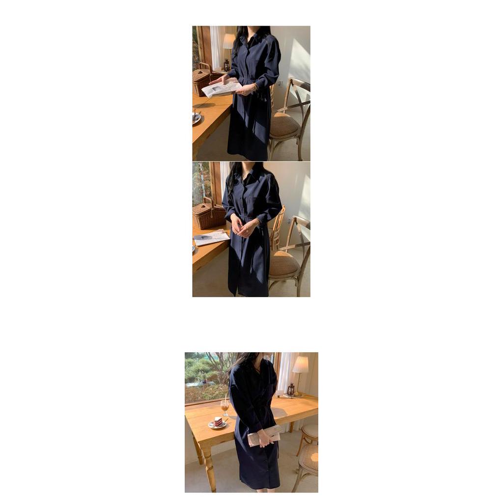 Đầm sơ mi nữ tay dài buộc eo phong cách Hàn Quốc