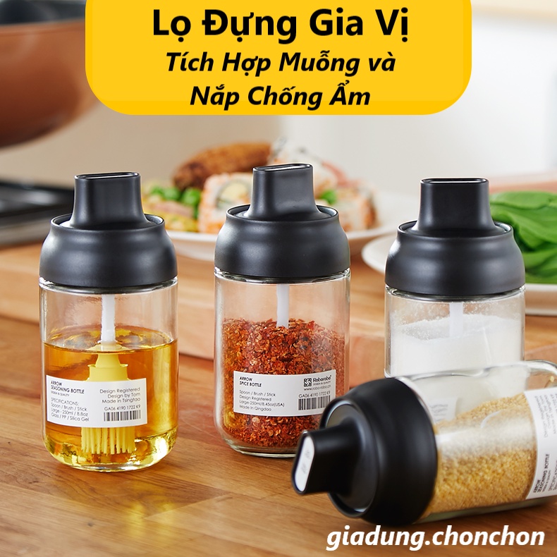 Hũ đựng gia vị thuỷ tinh Hũ gia vị kèm muỗng Lọ đựng gia vị 250ml nắp đen và xanh dương hàng cao cấp