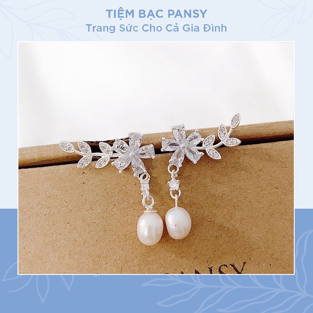 Bông tai bạc nữ PANSY hình hoa lá thả ngọc duyên dáng - Khuyên tai nữ Bạc ta cao cấp